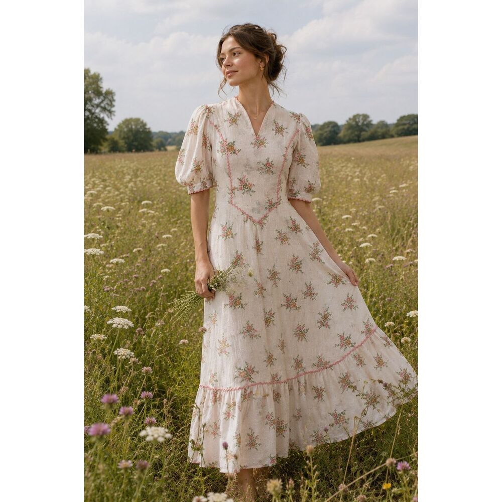 Cinderella S cottagecore princess 50s long length dress puff sleeve floral roman